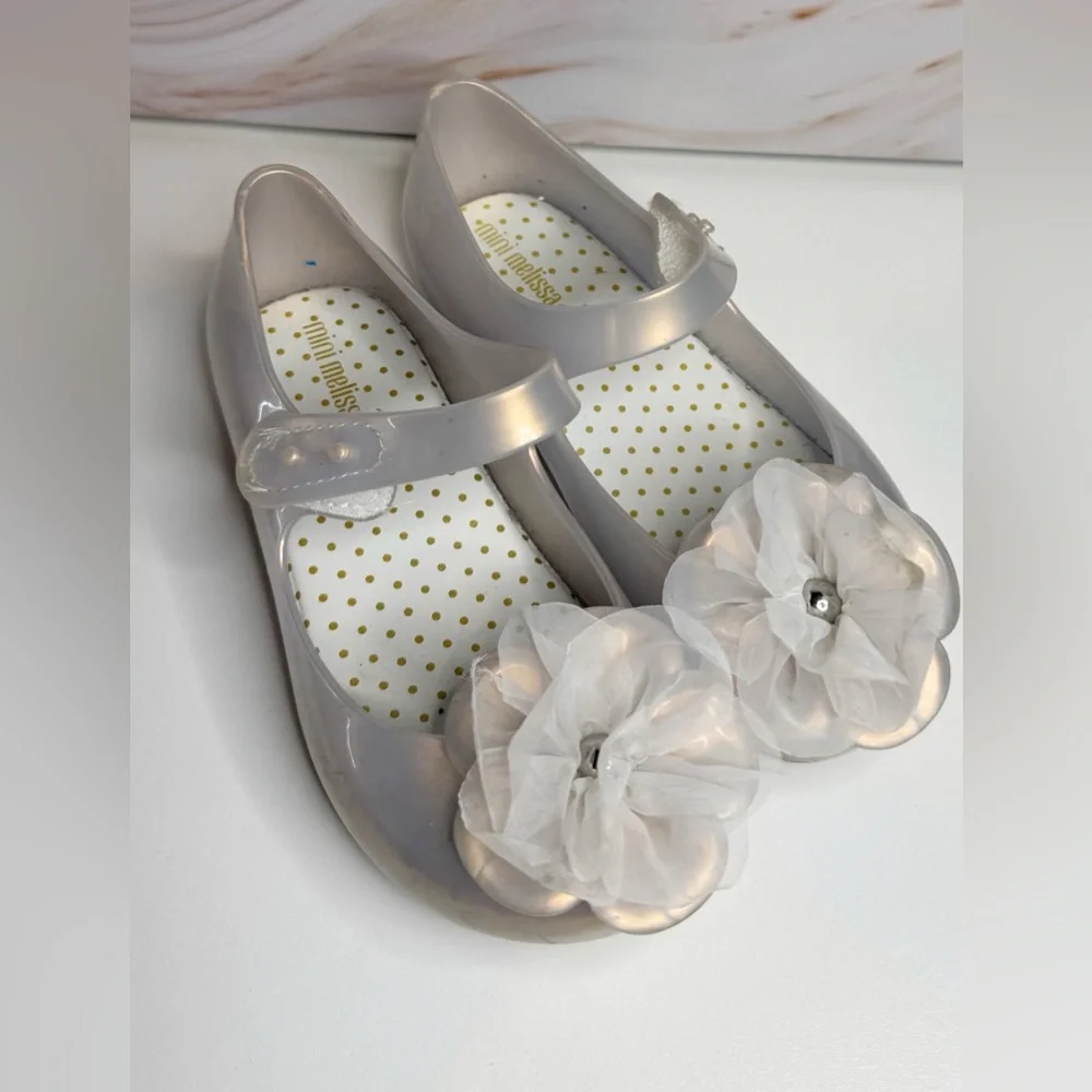 Mini Melissa Silver Mary Jane Jelly Flats Floral Applique Girls Toddler Size 11